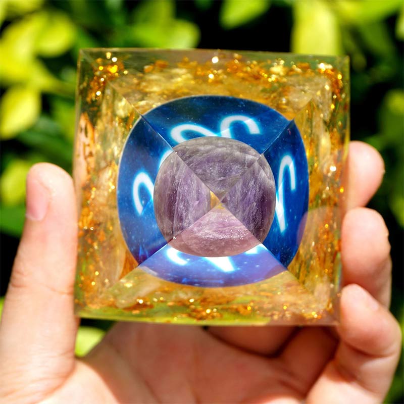 Olivenorma Amethyst with Golden Rutilated Aries Zodiac Orgone Pyramid