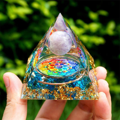 Olivenorma Amethyst Crystal Sphere with Blue Quartz Orgone Pyramid