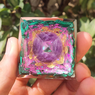 Olivenorma Amethyst Malachite Metatron's Cube Symbol Orgone Pyramid