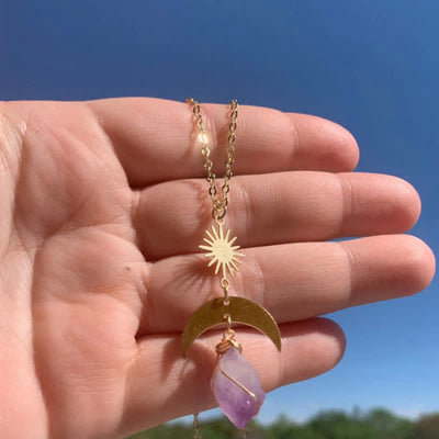 Rising Sun Moon Amethyst Witch Earring Necklace