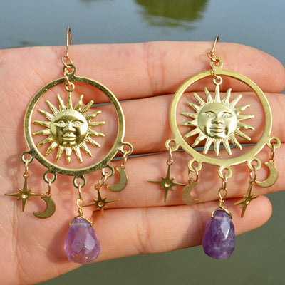 Olivenorma Natural Raindrop Crystal Gold Sun Moon Star Earrings