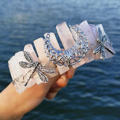 Olivenorma Natural Crystal Dragonfly Moon Accessory Crown Bridal Headband