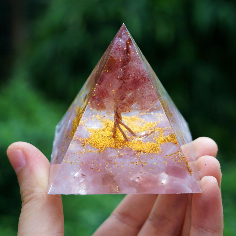 Olivenorma Tree of Life Strawberry Quartz With Rose Quartz Orgone Pyramid