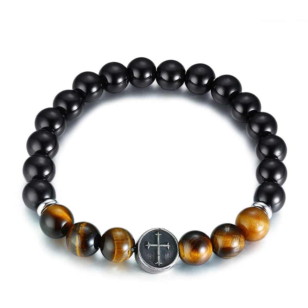 Olivenorma 8mm Natural Tiger Eye Beaded Men Cross Bracelet