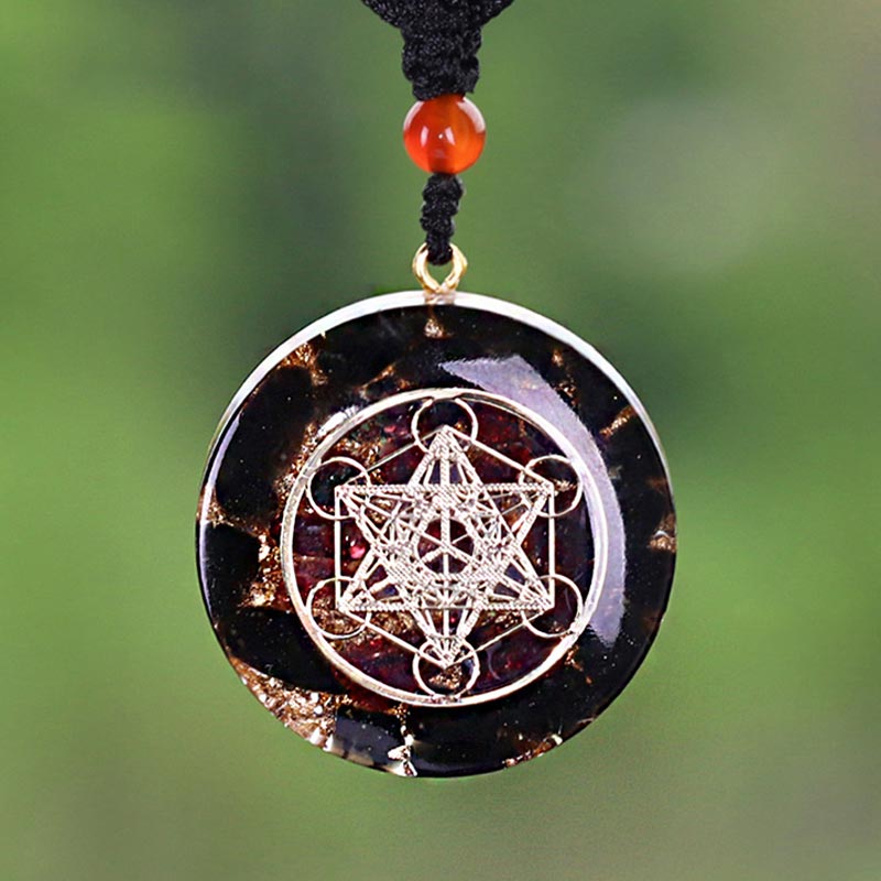 Olivenorma Obsidian And Garnet Metatron's Cube Symbol Necklace