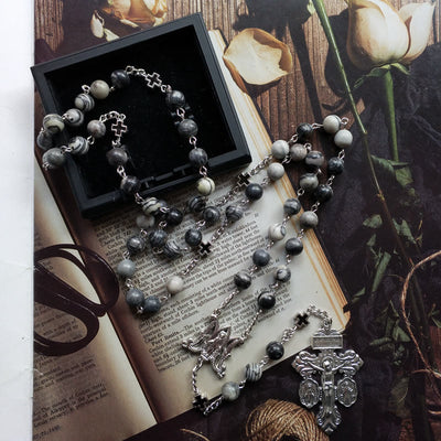 Olivenorma Black Network Agate Holy Mother Cross Rosary Necklace