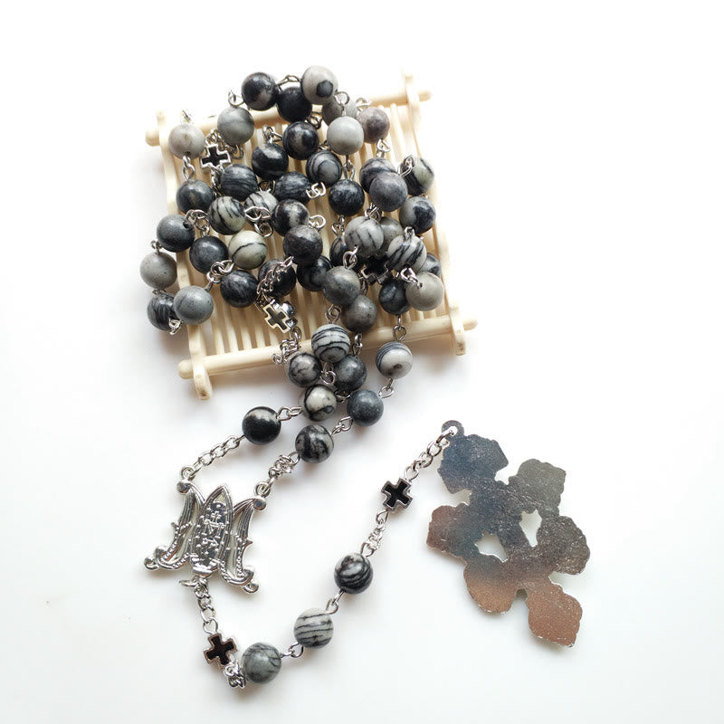 Olivenorma Black Network Agate Holy Mother Cross Rosary Necklace