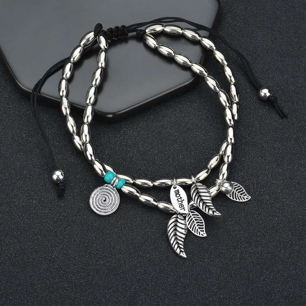 Olivenorma Turquoise Silver Leaf Double Layer Bracelet Anklet