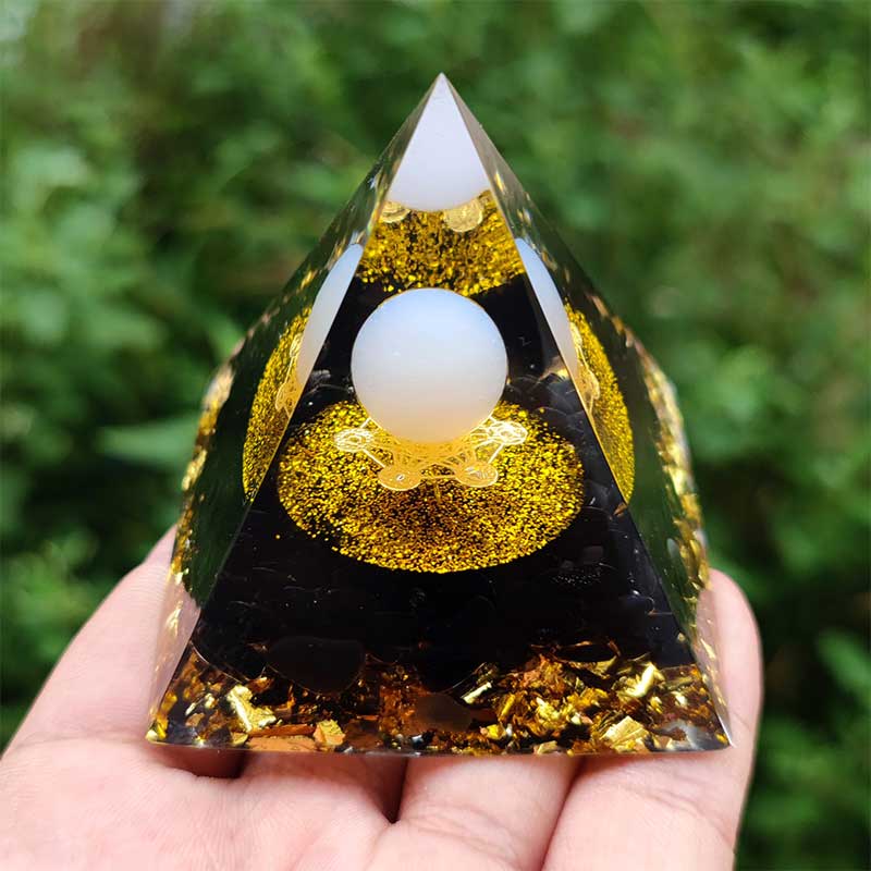 Olivenorma White Agate Sphere with Obsidian Orgone Pyramid