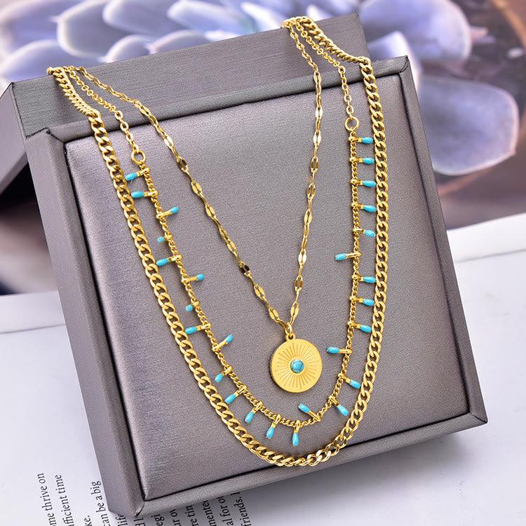 Olivenorma Natural Turquoise Pendant Triple 18K Necklace Set