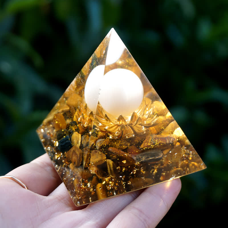 Olivenorma White Agate Sphere With Tiger Eye Lotus Orgone Pyramid