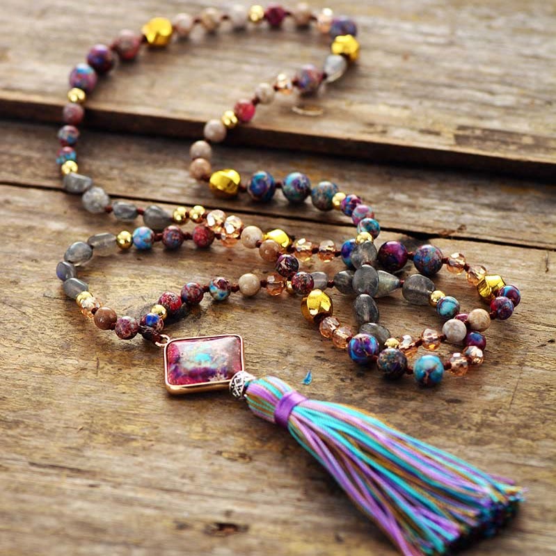 Olivenorma Mala Beads Natural Stone Chakra Tassel Necklace