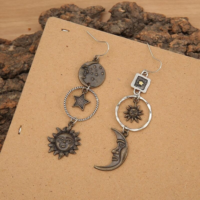 Olivenorma Face Sun Moon Pendant Earrings Bohemian Earrings