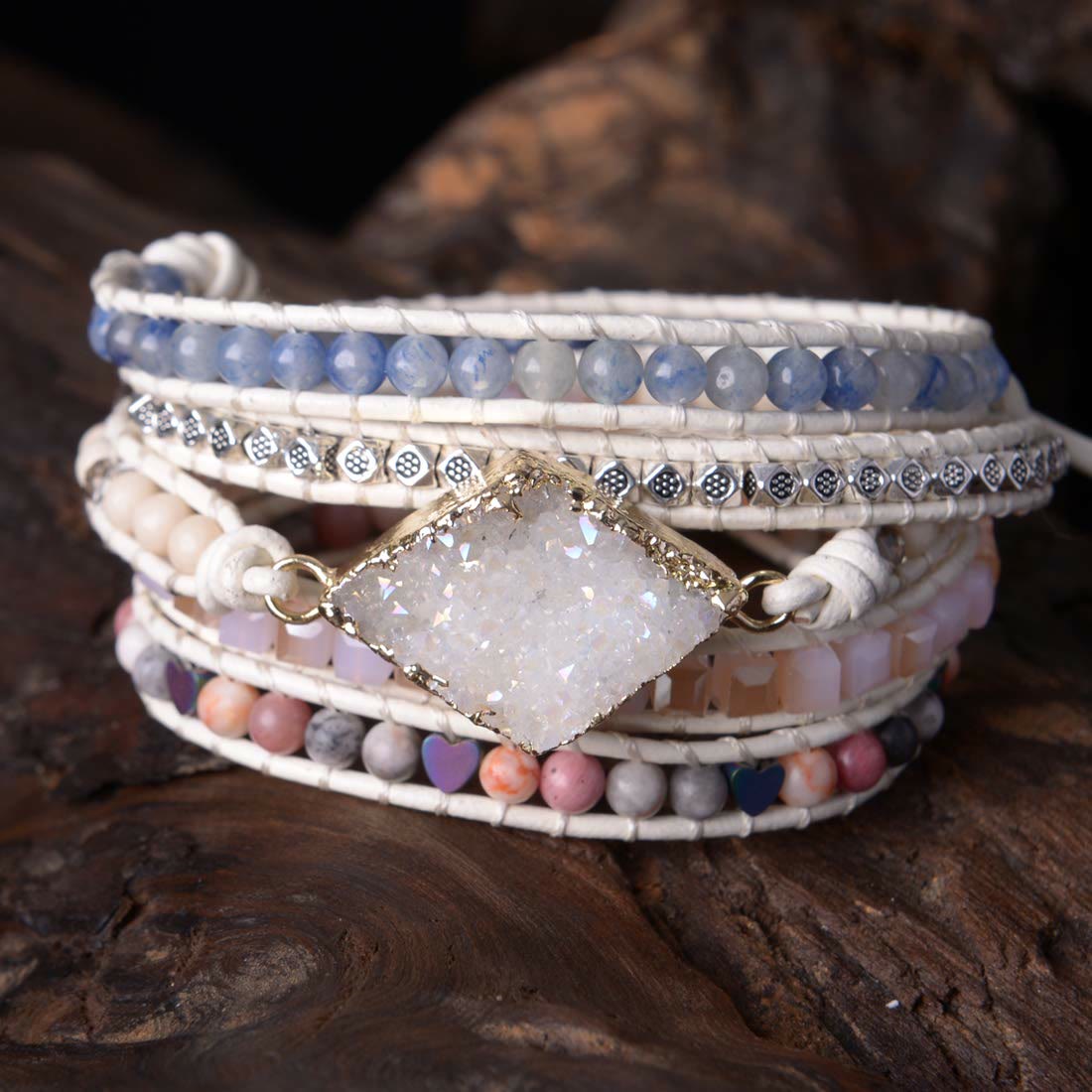 Olivenorma Rose Quartz Kyanite Boho Handmade Wrap Bracelet