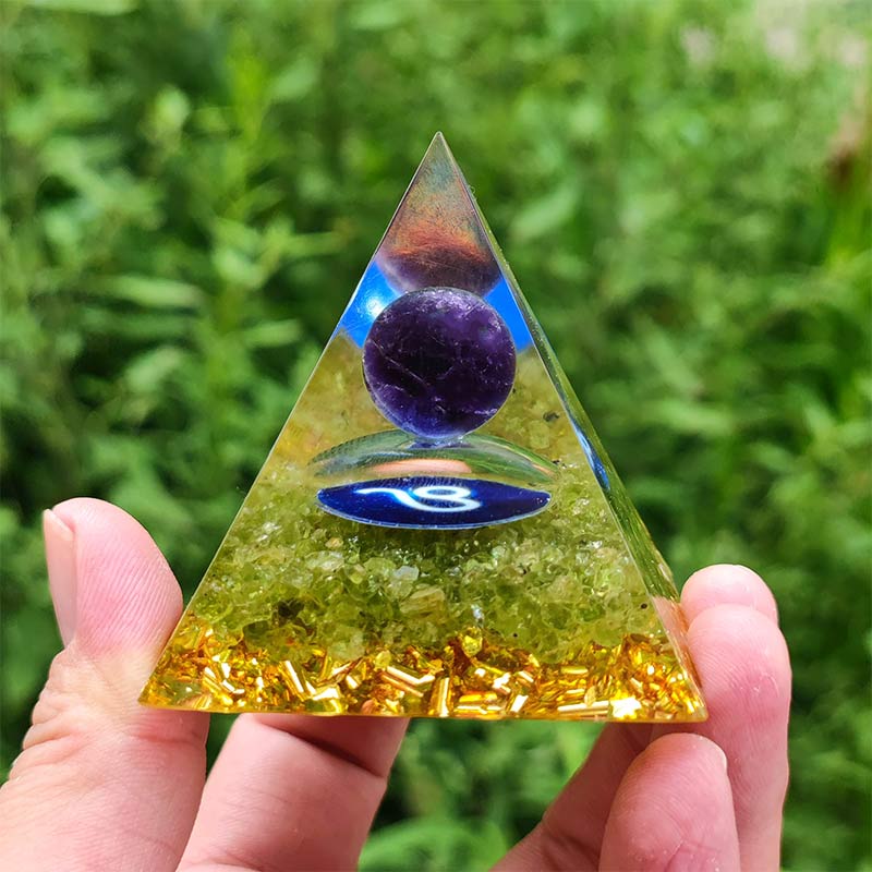 Olivenorma Amethyst with Peridot Leo Zodiac Orgone Pyramid