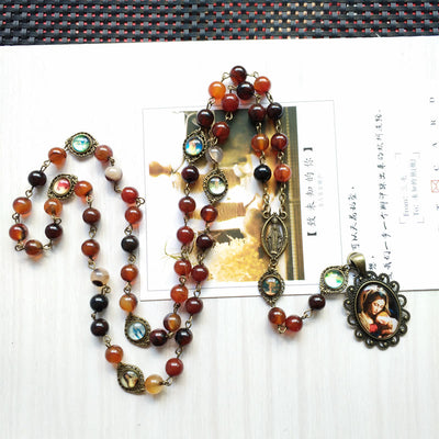 Olivenorma Agate Lady Holy Medal Pendant Rosary Necklace