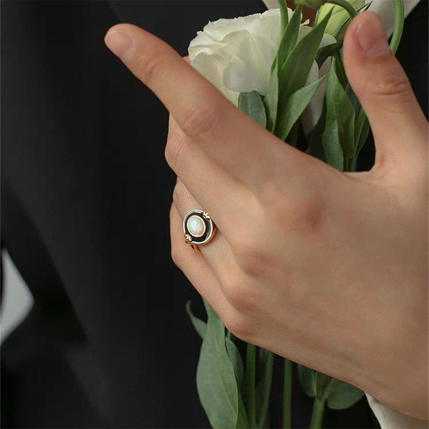 Olivenorma Dainty Opal Black Epoxy Vintage Ring