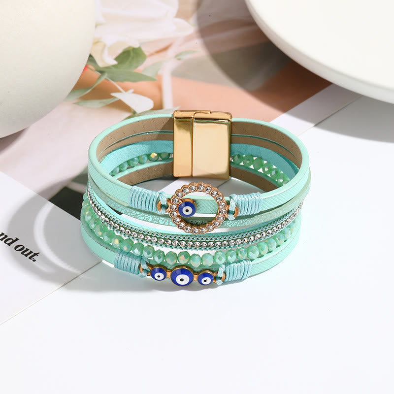 Olivenorma White Zircon Boho Evil Eye Metal Wide Leather Bracelet