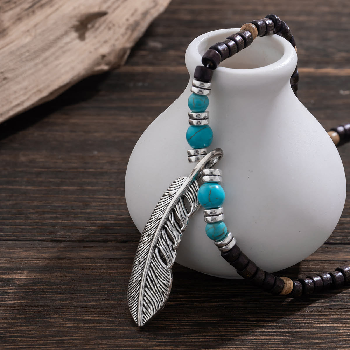 Olivenorma Turquoise Wooden Bead Feather Pendant Bohemian Necklace