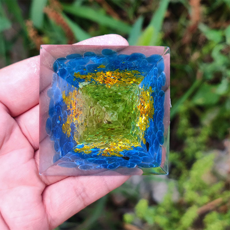 Olivenorma Kyanite with Peridot Tree Of Life Orgone Pyramid