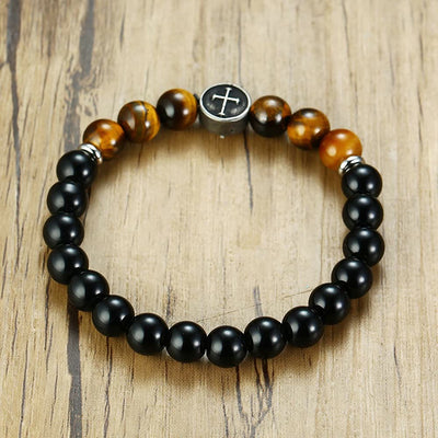 Olivenorma 8mm Natural Tiger Eye Beaded Men Cross Bracelet