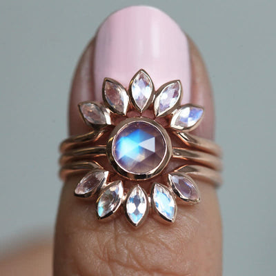 Olivenorma “Tide Goddess” - Sun Flower Moonstone 3 - Piece Ring