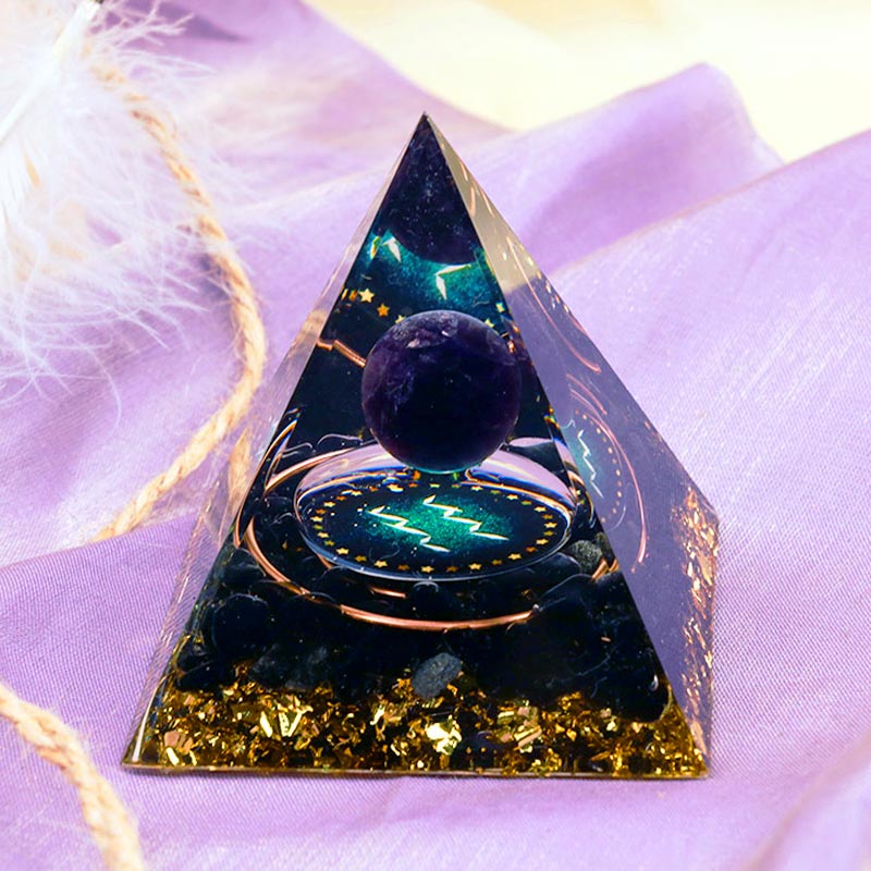 Olivenorma Amethyst Sphere With Obsidian Zodiac Aquarius Orgone Pyramid