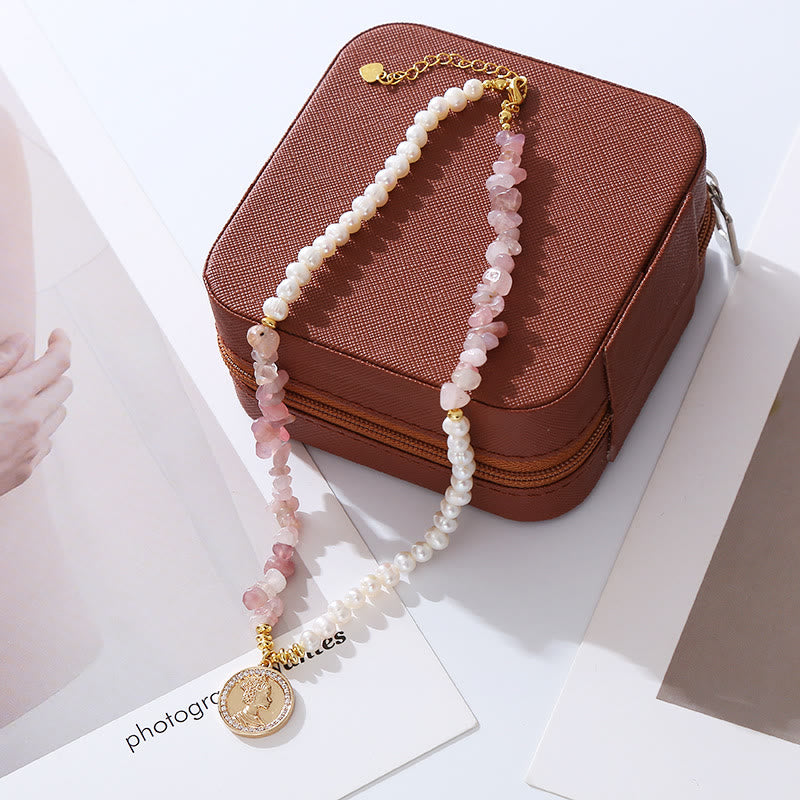 Olivenorma Irregular Strawberry Quartz Pearl Metal Sheet Pendant Necklace