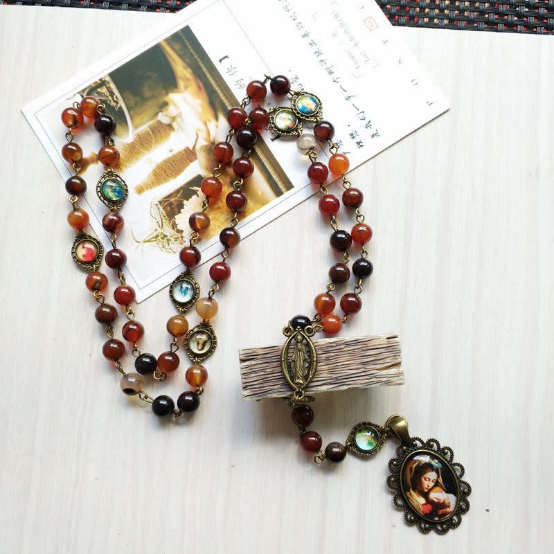 Olivenorma Agate Lady Holy Medal Pendant Rosary Necklace