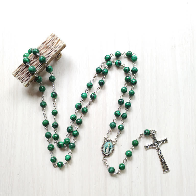 Olivenorma Malachite 6cm Bead Rosary Cross Pendant Necklace