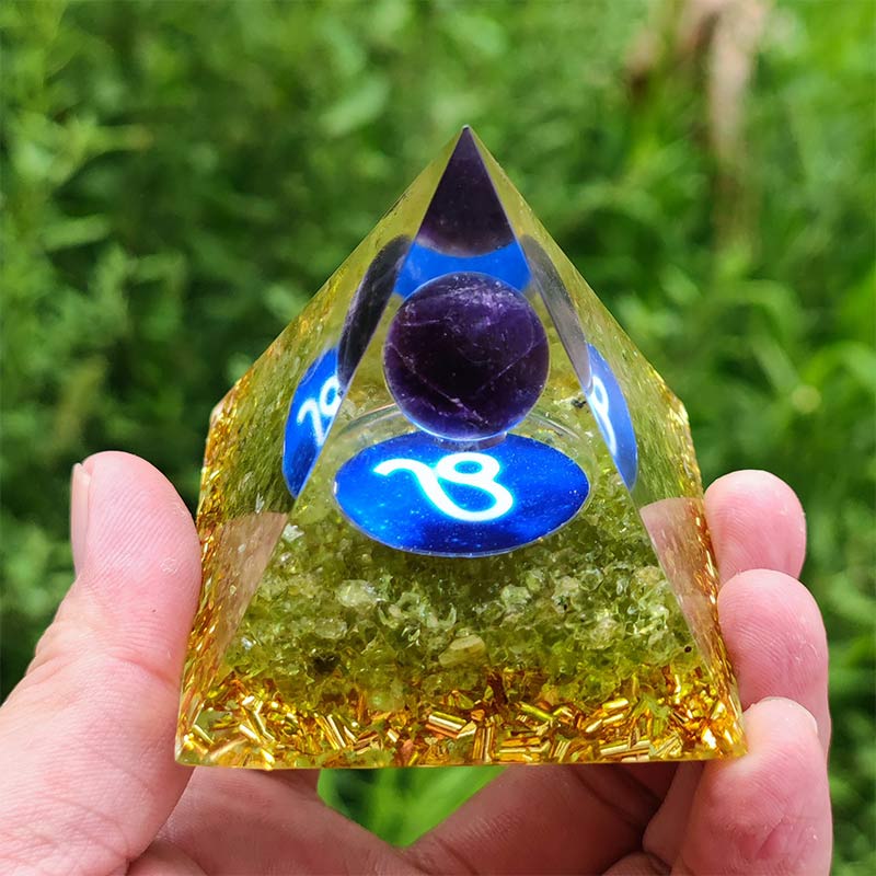 Olivenorma Amethyst with Peridot Leo Zodiac Orgone Pyramid