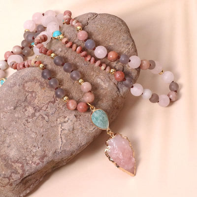 Natural Rose Quartz Mala Prayer Arrowhead Pendant Necklace