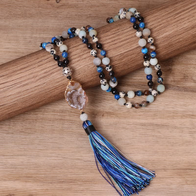 Olivenorma Amazonite Beaded Necklace Tassel Agate Pendant Mala Necklace