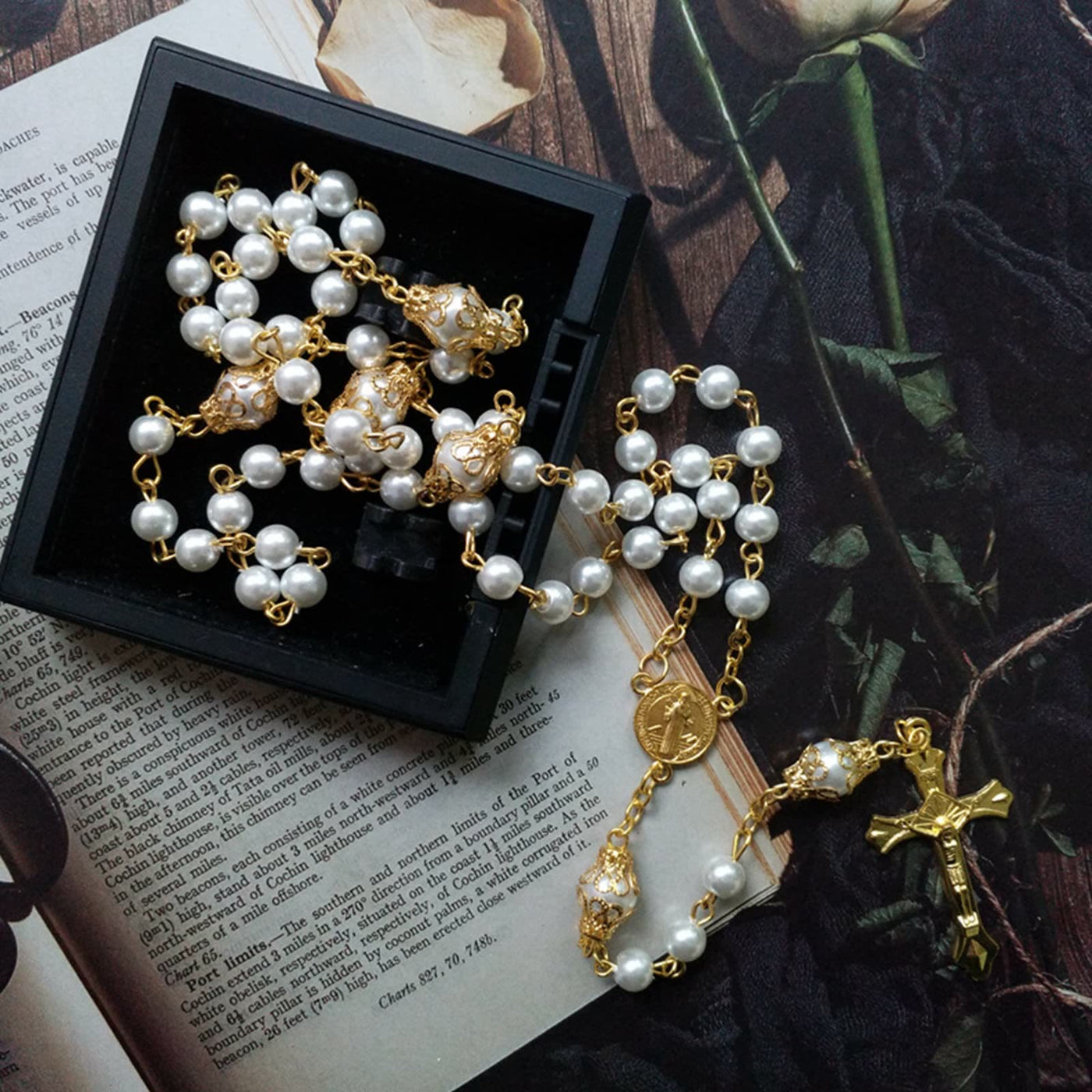 Olivenorma Faux Pearl Cross Pendant Rosary Beads Necklace - image 3