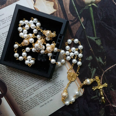 Olivenorma Faux Pearl Cross Pendant Rosary Beads Necklace - image 3