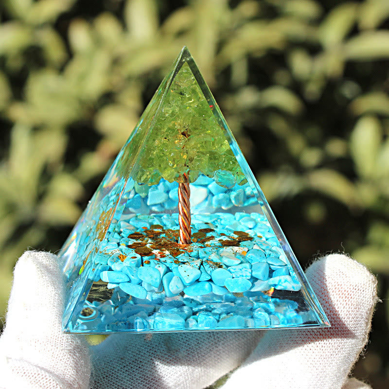 Olivenorma Peridot Amazonite Tree of Life Orgone Pyramid