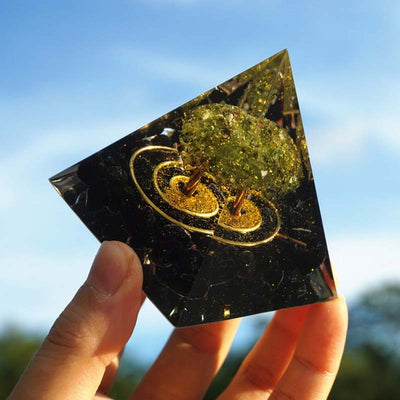 Olivenorma Peridot With Obsidian Tree Of Life Reiki Orgone Pyramid