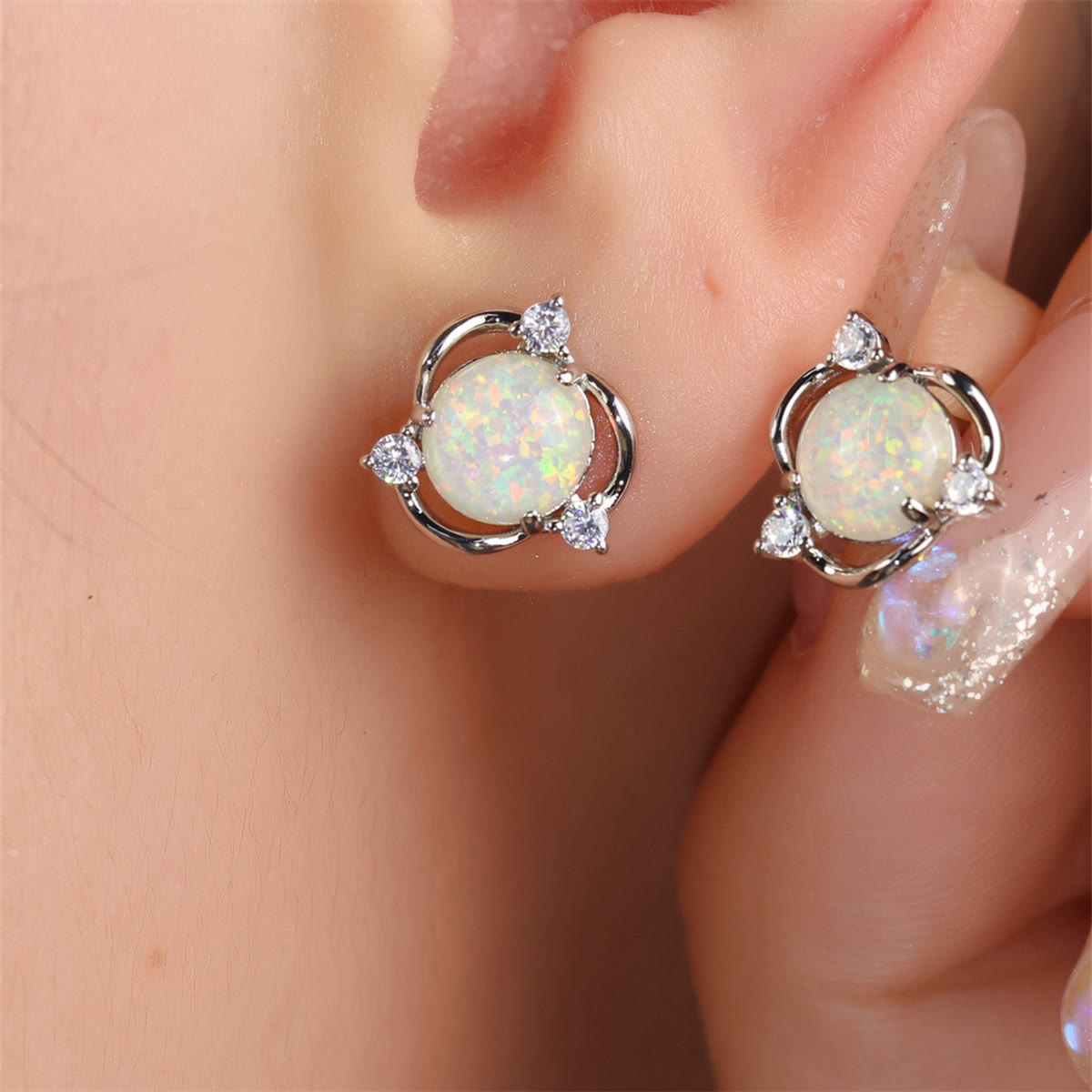 Olivenorma Opal Small Round White Zircon Stud Earrings