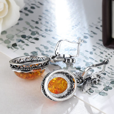 Retro Floral Silver Amber Earrings