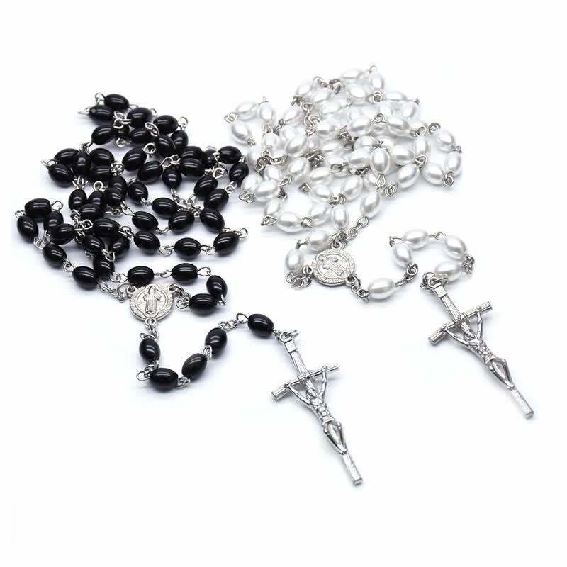 Olivenorma Gothic Cross Black Onyx or Pearl Rosary Necklace