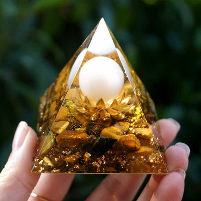 Olivenorma White Agate Sphere With Tiger Eye Lotus Orgone Pyramid