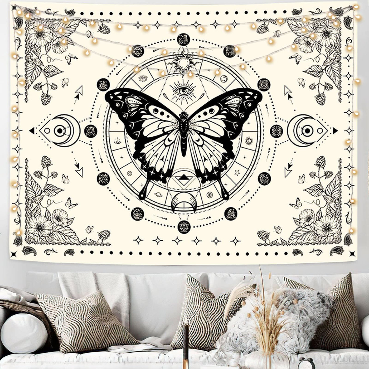 Olivenorma Black Butterfly Moon Flower Beige Tapestry