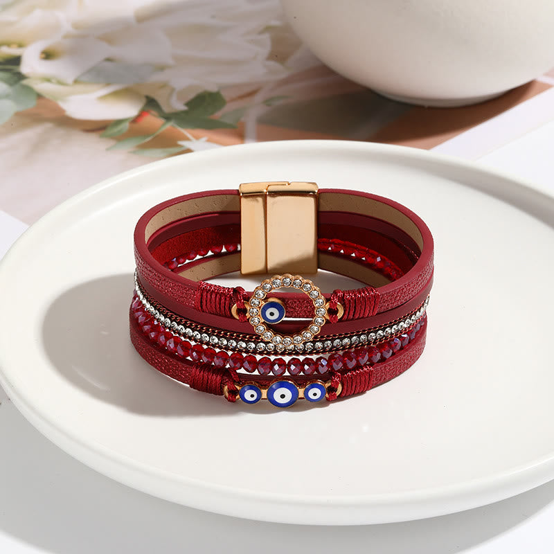 Olivenorma White Zircon Boho Evil Eye Metal Wide Leather Bracelet