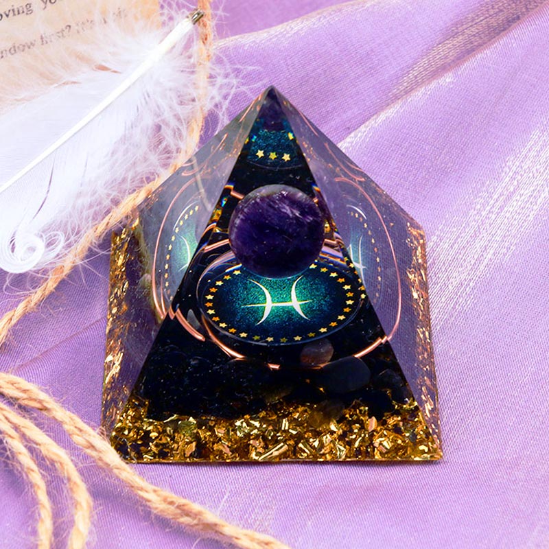 Olivenorma Amethyst Sphere With Obsidian Zodiac Pisces Orgone Pyramid