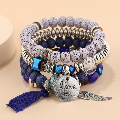 Olivenorma 4pcs Bohemia Bead Tassel Feather Bracelet Set