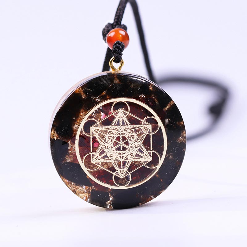 Olivenorma Obsidian And Garnet Metatron's Cube Symbol Necklace