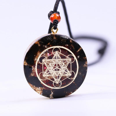 Olivenorma Obsidian And Garnet Metatron's Cube Symbol Necklace - image 2