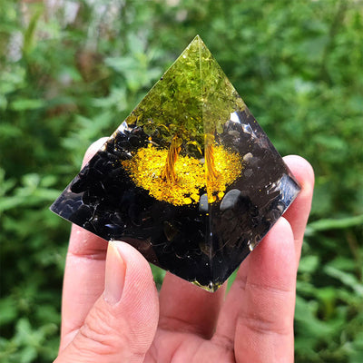 Olivenorma Obsidian with Peridot Tree Of Life Orgone Pyramid