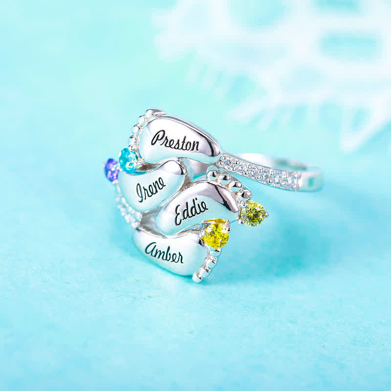 Olivenorma Creative Baby Feet Engraved Birthstones Ring