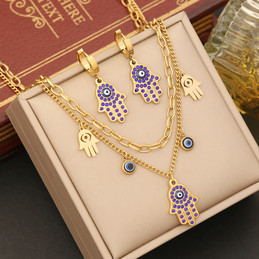 Olivenorma Evil Eye Hamsa Epoxy Necklace Bracelet Earrings Set